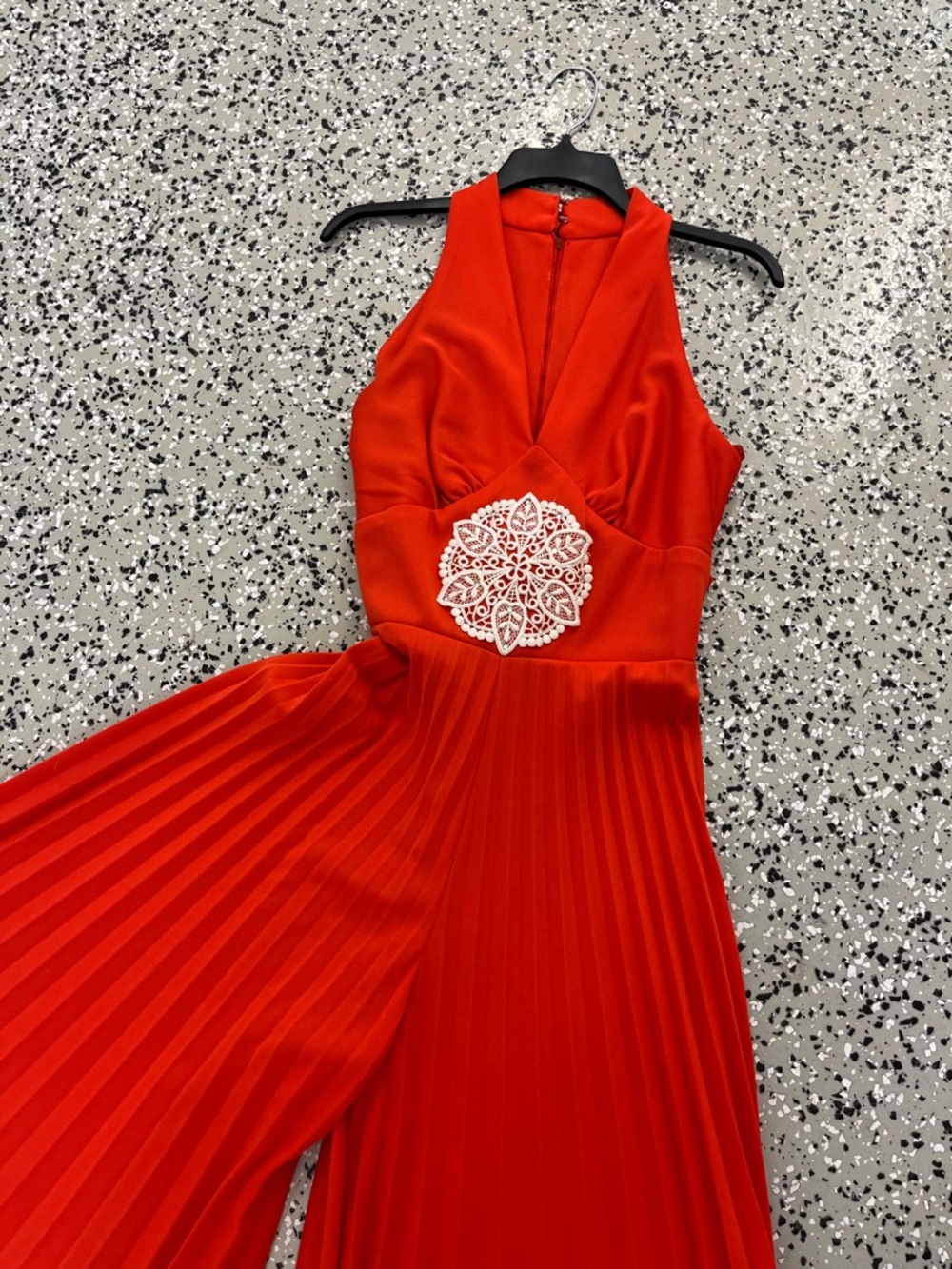 Rare Vintage 1970’s pleated wide leg jumpsuit. Orange with lace design
